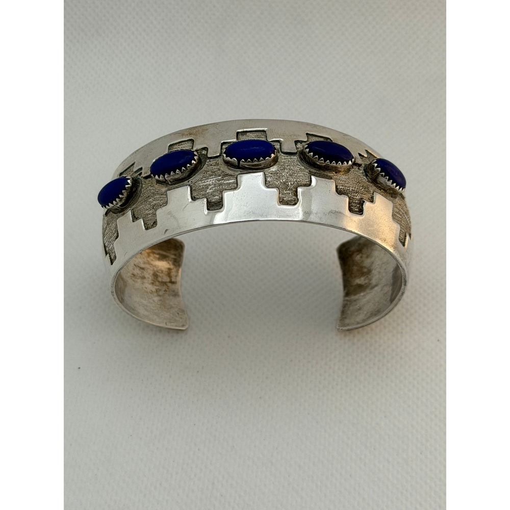 Native American Step Kiva Sterling Cuff Bracelet Lapis Lazuli 40+g